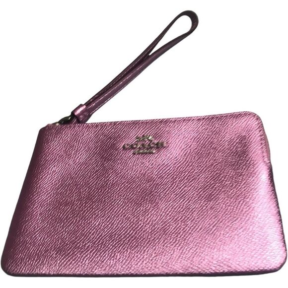 COACH Metallic Pink Textured Crossgrain Leather Corner Zip Wristlet - Picture 10 of 12
